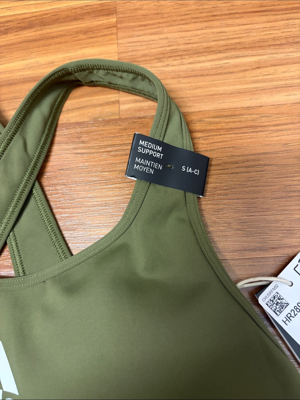 Adidas Olive Crossback Medium-Support Sports Bra with White Logo - Picture 3 of 3